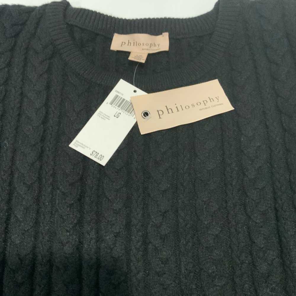 Philosophy black cable knit faux leather puff balloon sleeve sweater size Large - Picture 5 of 6